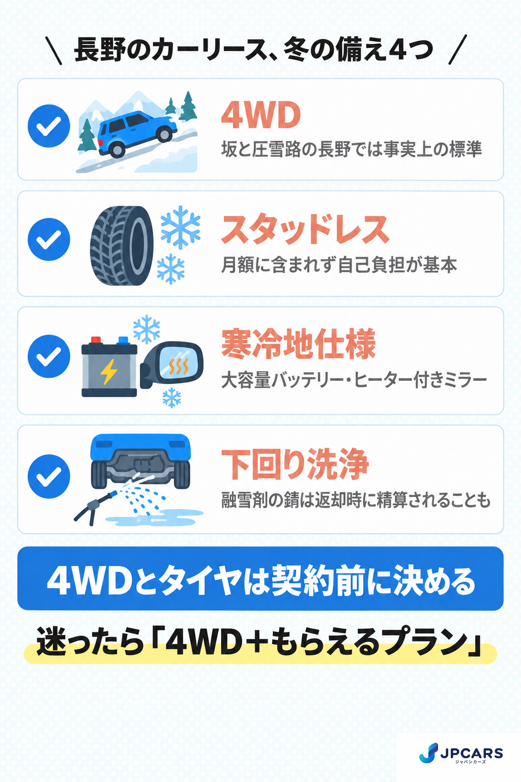 長野でカーリースを契約するときの冬の備え4つ:4WD・スタッドレス・寒冷地仕様・下回り洗浄