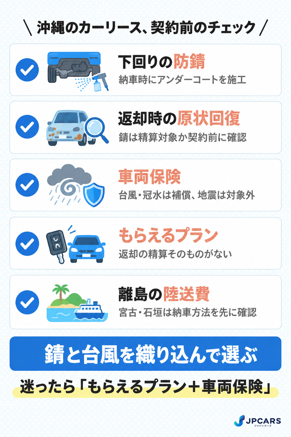 沖縄でカーリースを選ぶときの塩害・台風チェック:下回り防錆、返却時の原状回復、車両保険、もらえるプラン、離島の陸送費