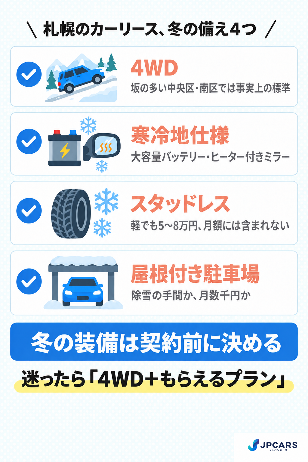 札幌でカーリースを契約するときの冬の備え4つ:4WD・寒冷地仕様・スタッドレス・屋根付き駐車場